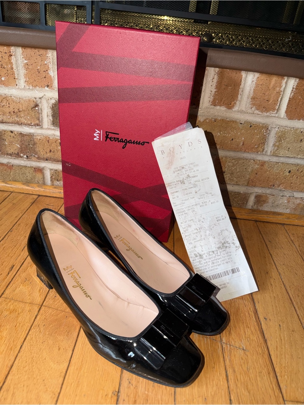 Salvatore Ferragamo Black Patent Vara Bow Low Block Heel Pumps